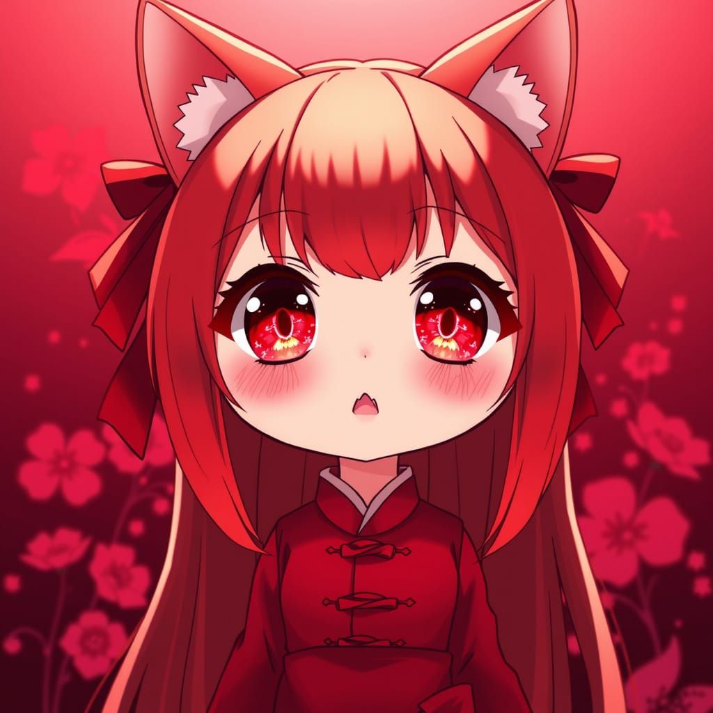 Cute Chibi Anime Catgirl in Vibrant Red Attire