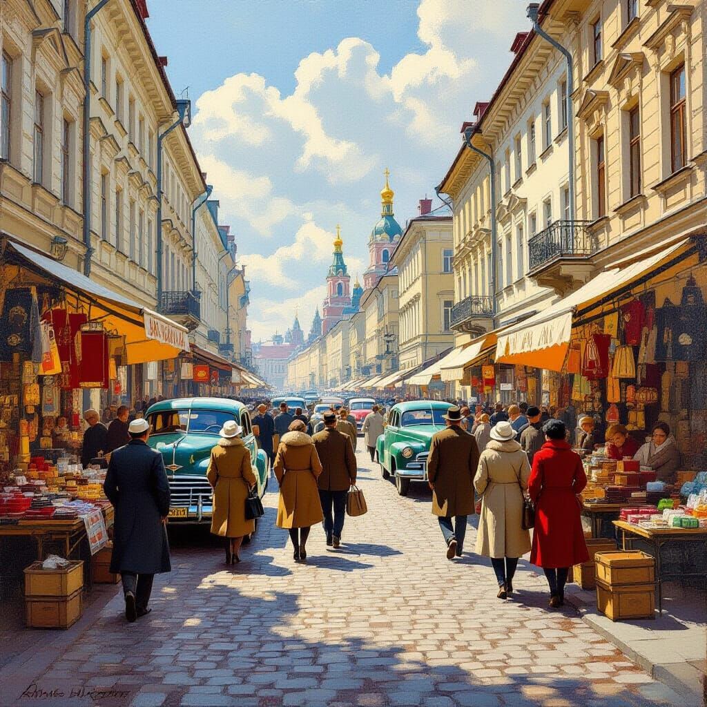 Bustling Kyiv Street Scene in 1950 Oil Painting Style