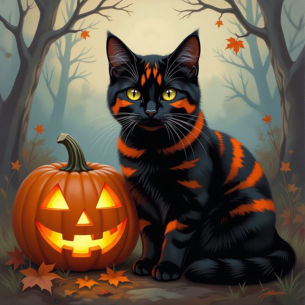 Black Cat Painted as Tiger for Halloween Oil Painting