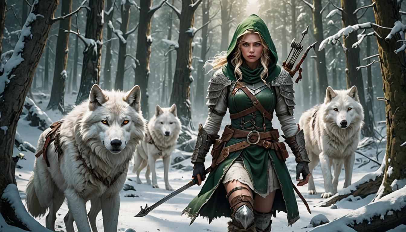 Woman Warrior and White Wolf in Snowy Forest