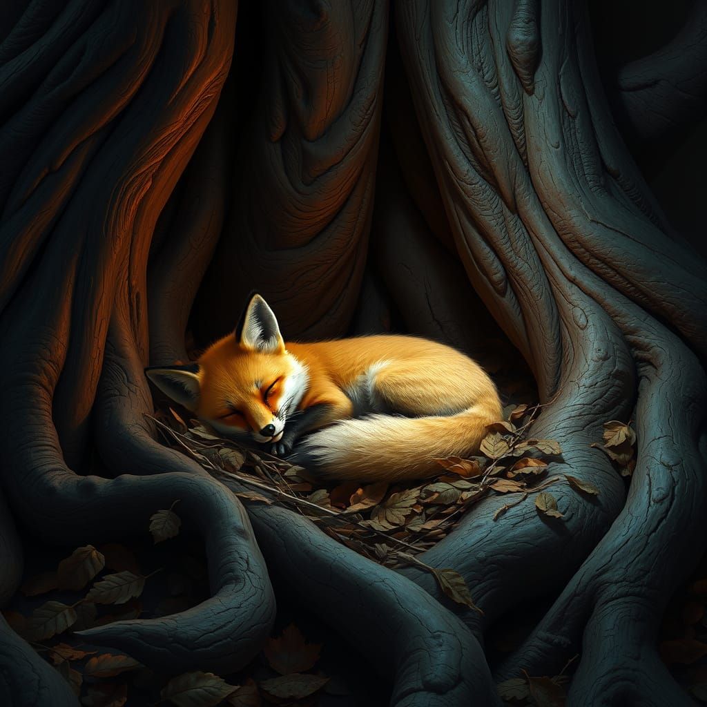 Red Fox Sleeps in Ancient Oak Roots