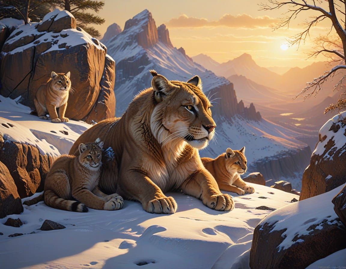 Saber-Toothed Cat and Cubs in Snowy Landscape