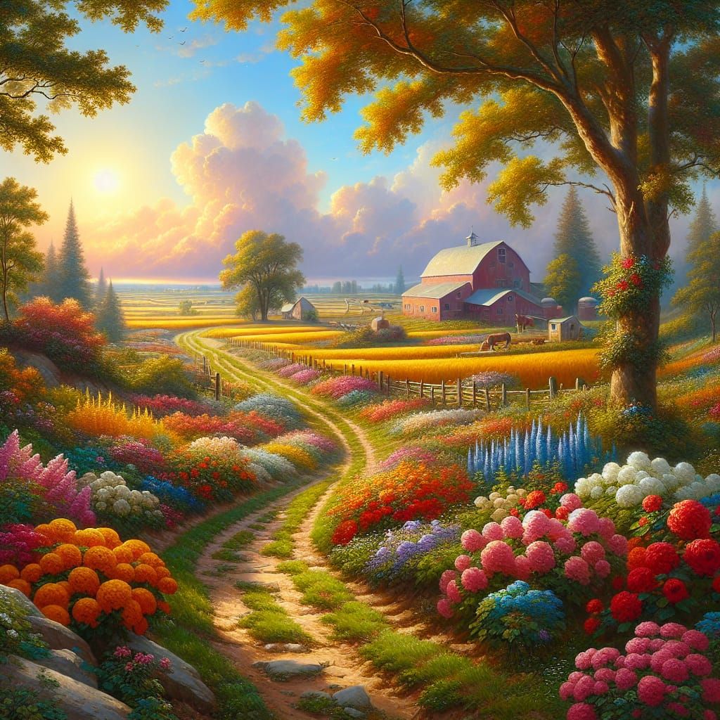 A painting of a farm