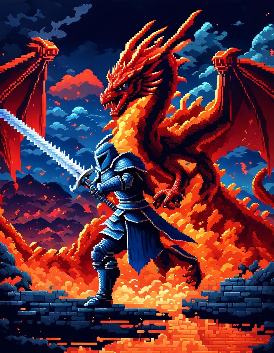Pixel art knight fighting flying dragon.