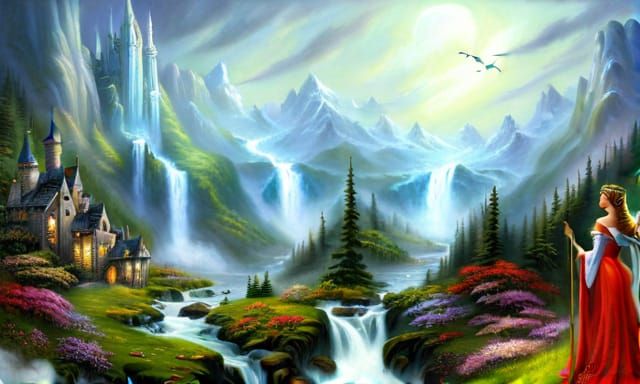 Ethereal Elven Queen Overlooks Fantasy Valley