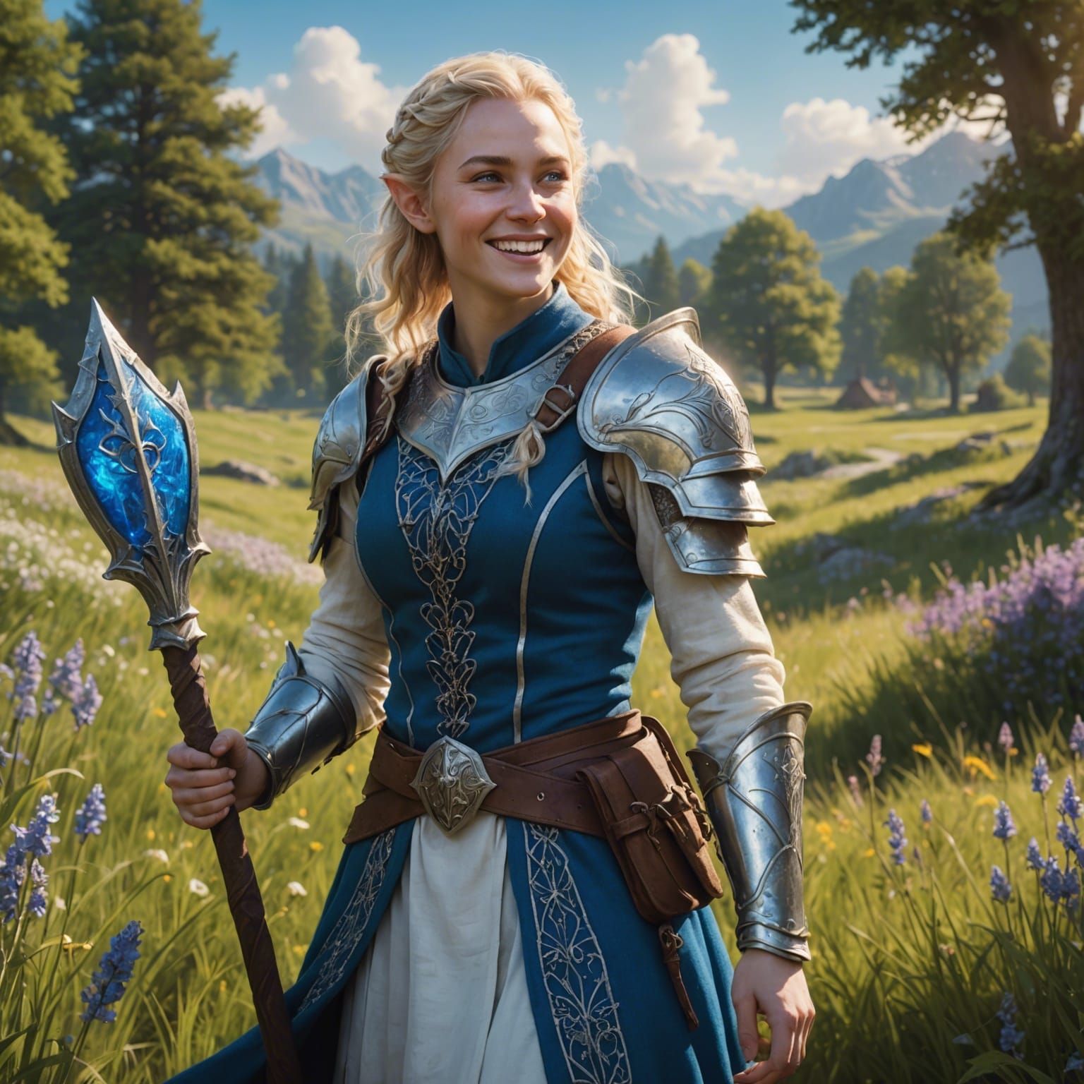 Smiling Half-Elf Cleric in Sunny Meadow