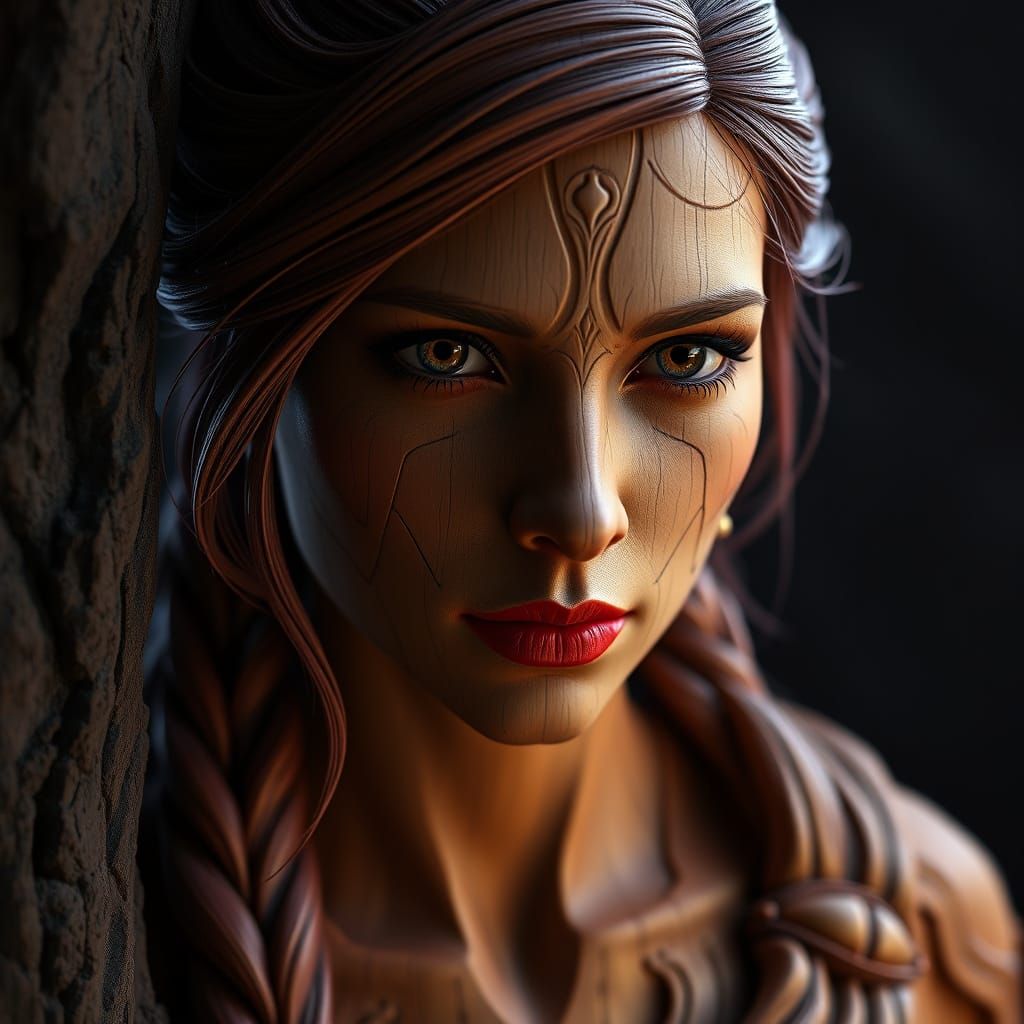 Intricate Wooden Carving in Dark Fantasy Style