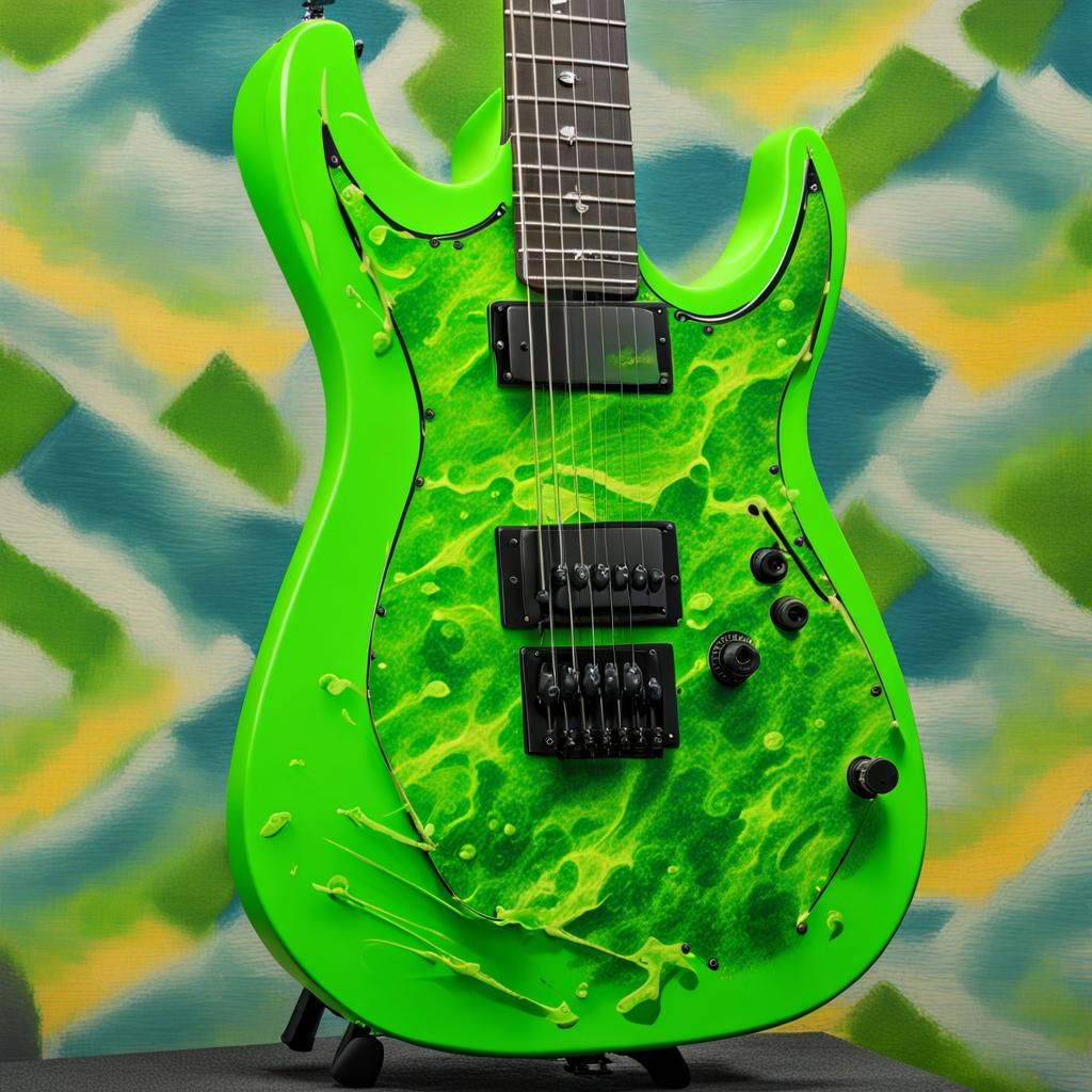 Satin Slime Green Electric Guitar in Splash Art Style
