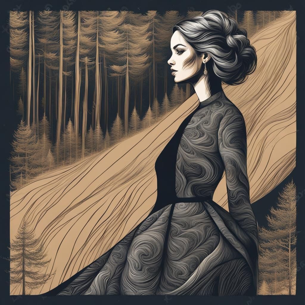 Woman in Pine Forest, Scratch Art Style