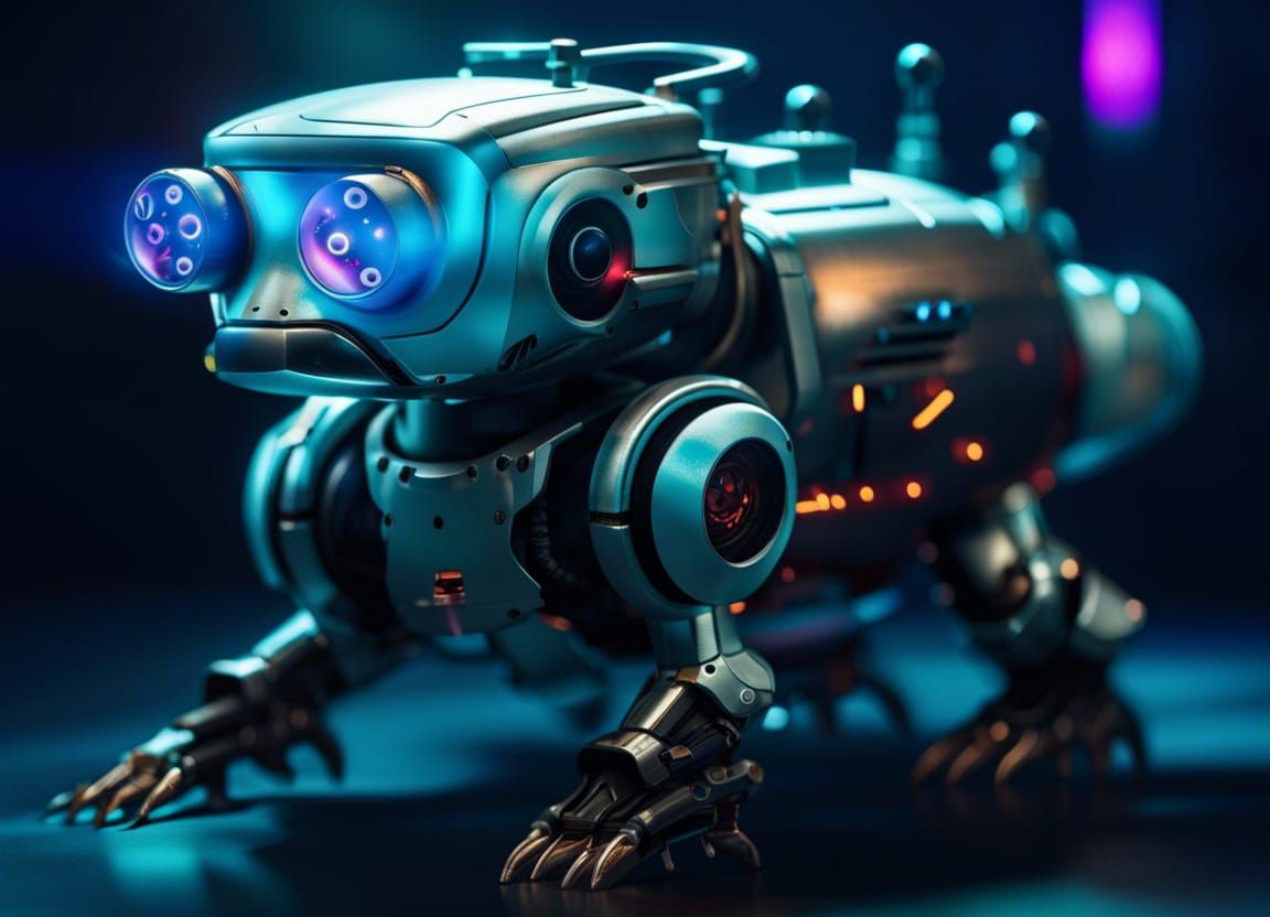 Cyberpunk Robot Pet Firing Lasers in Aquarium