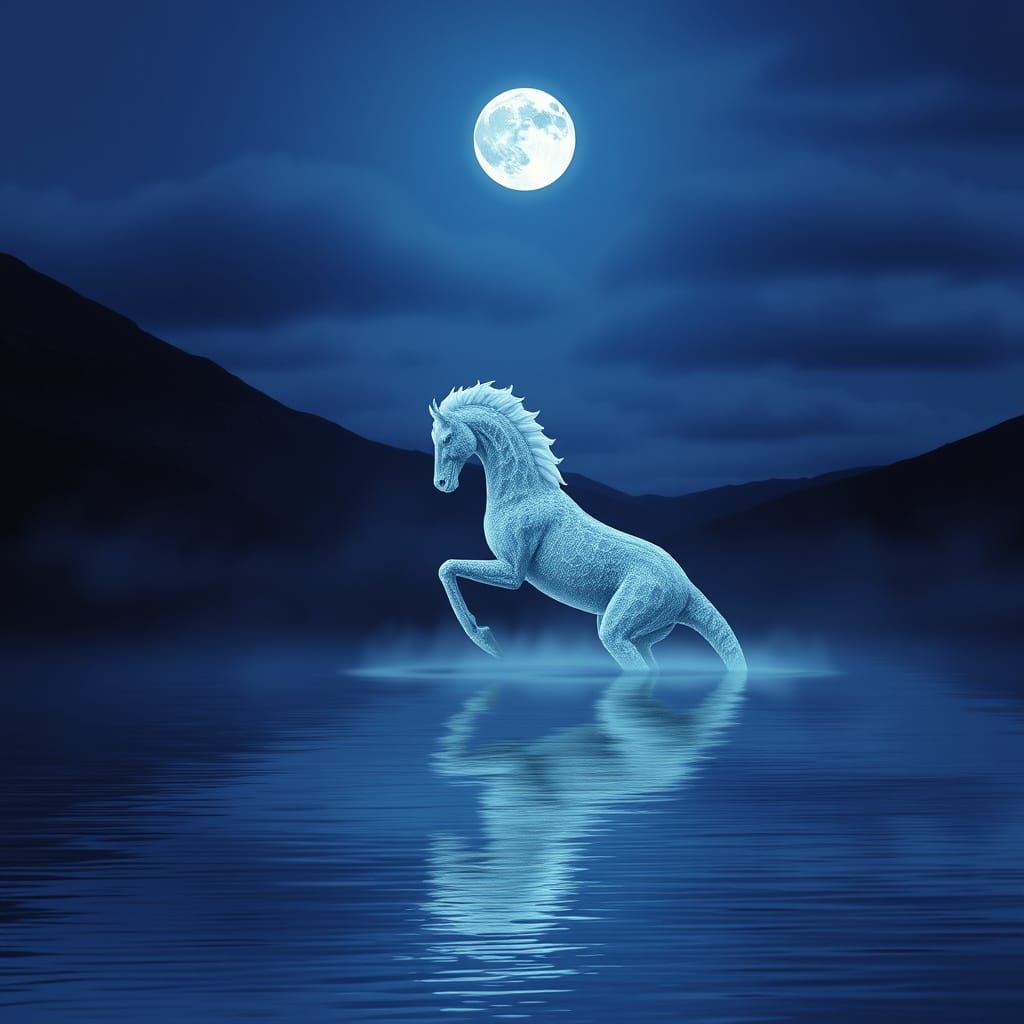 Giant Kelpie Emerges Under the Moon