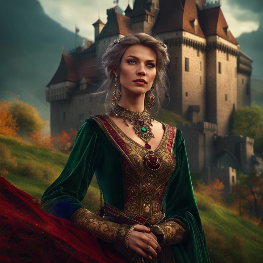 Medieval Woman with Castle, Fantasy Concept Art