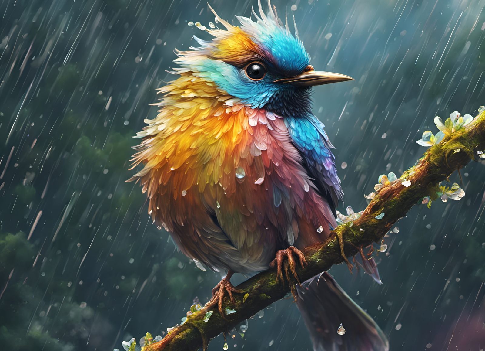 Colourful Bird in the Rain