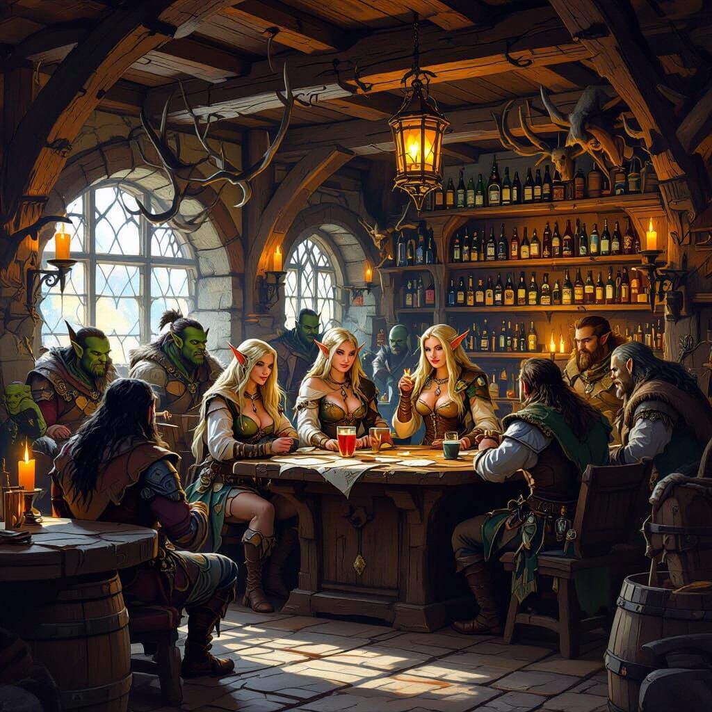 Bustling Medieval Fantasy Tavern Interior, Fantasy Art