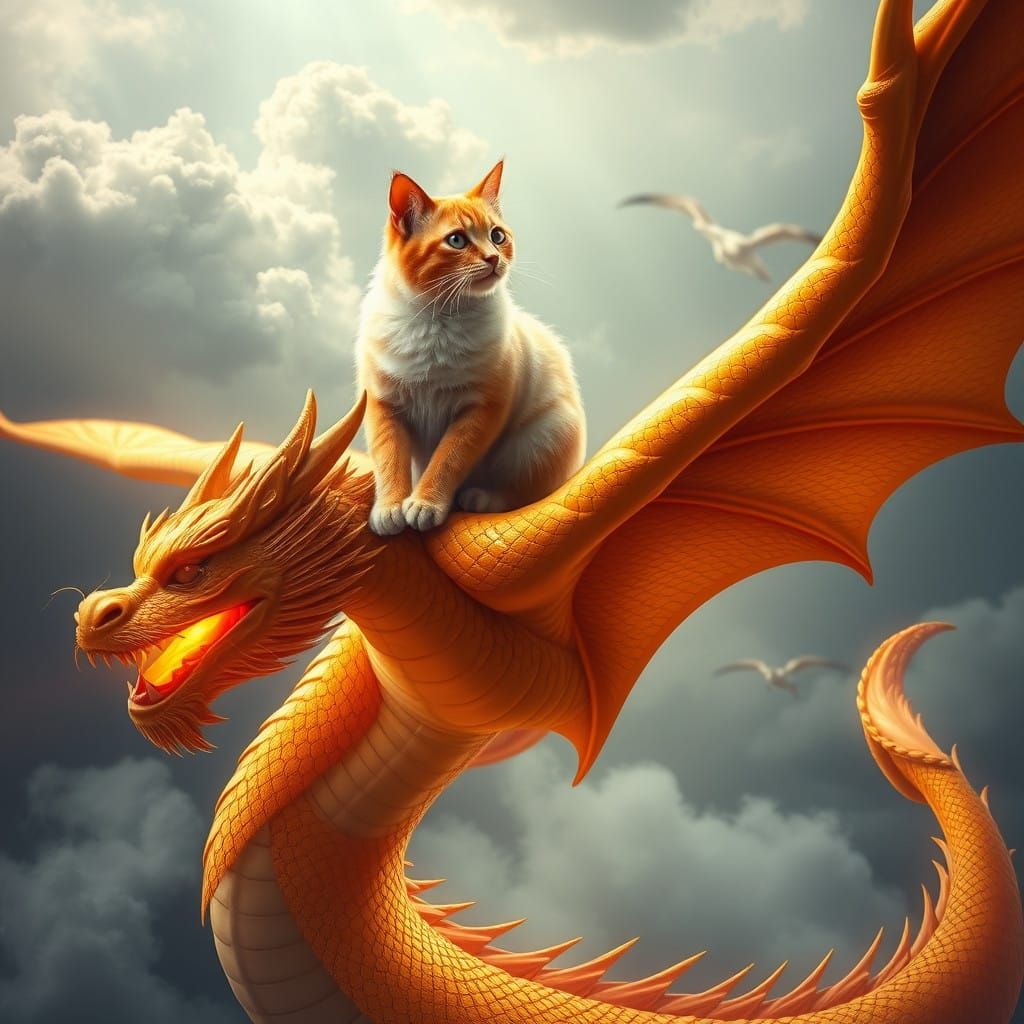Majestic Siamese Cat Rides Golden Dragon Through the Skies