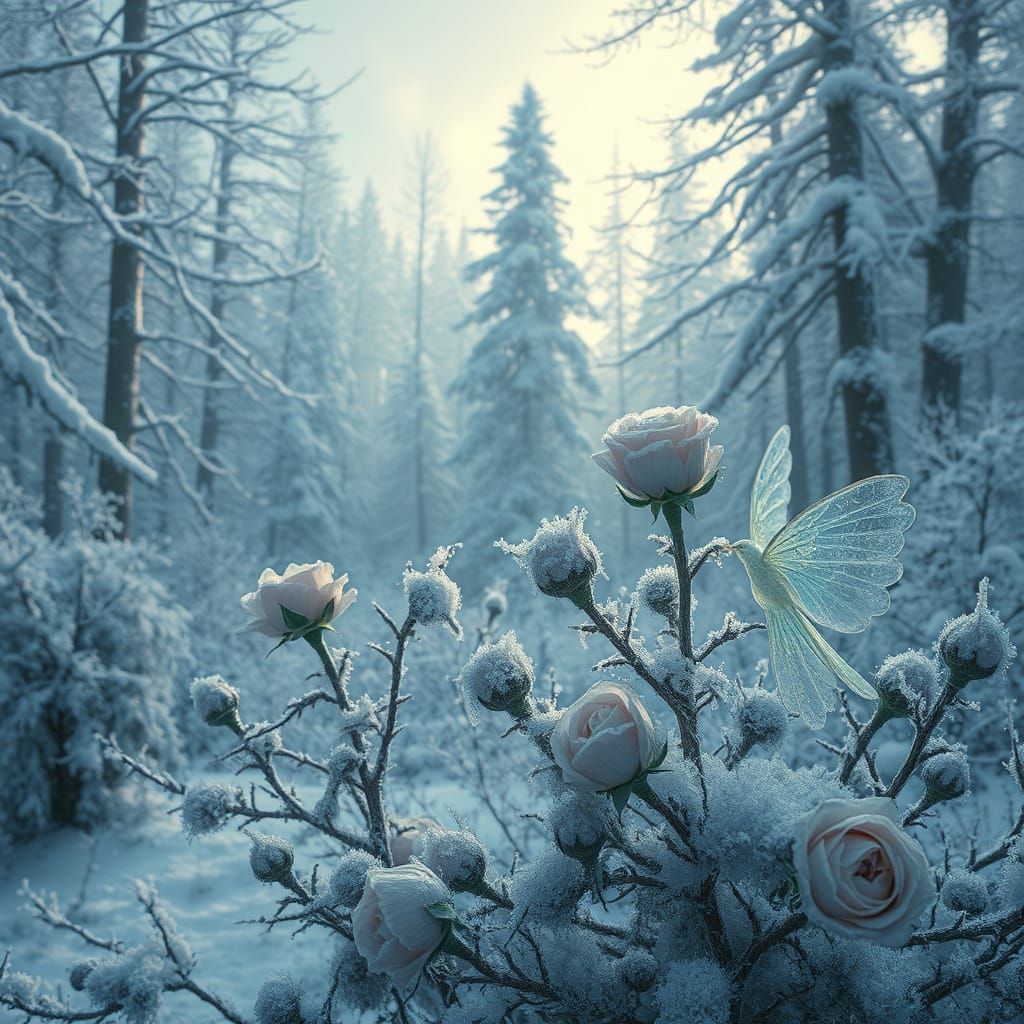Mystical Winter Wonderland with Blooming Roses