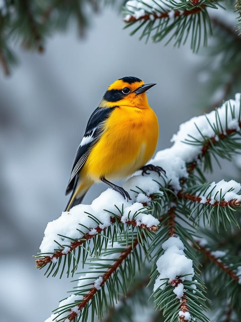 Vibrant Yellow Oriole in Majestic Winter Pine