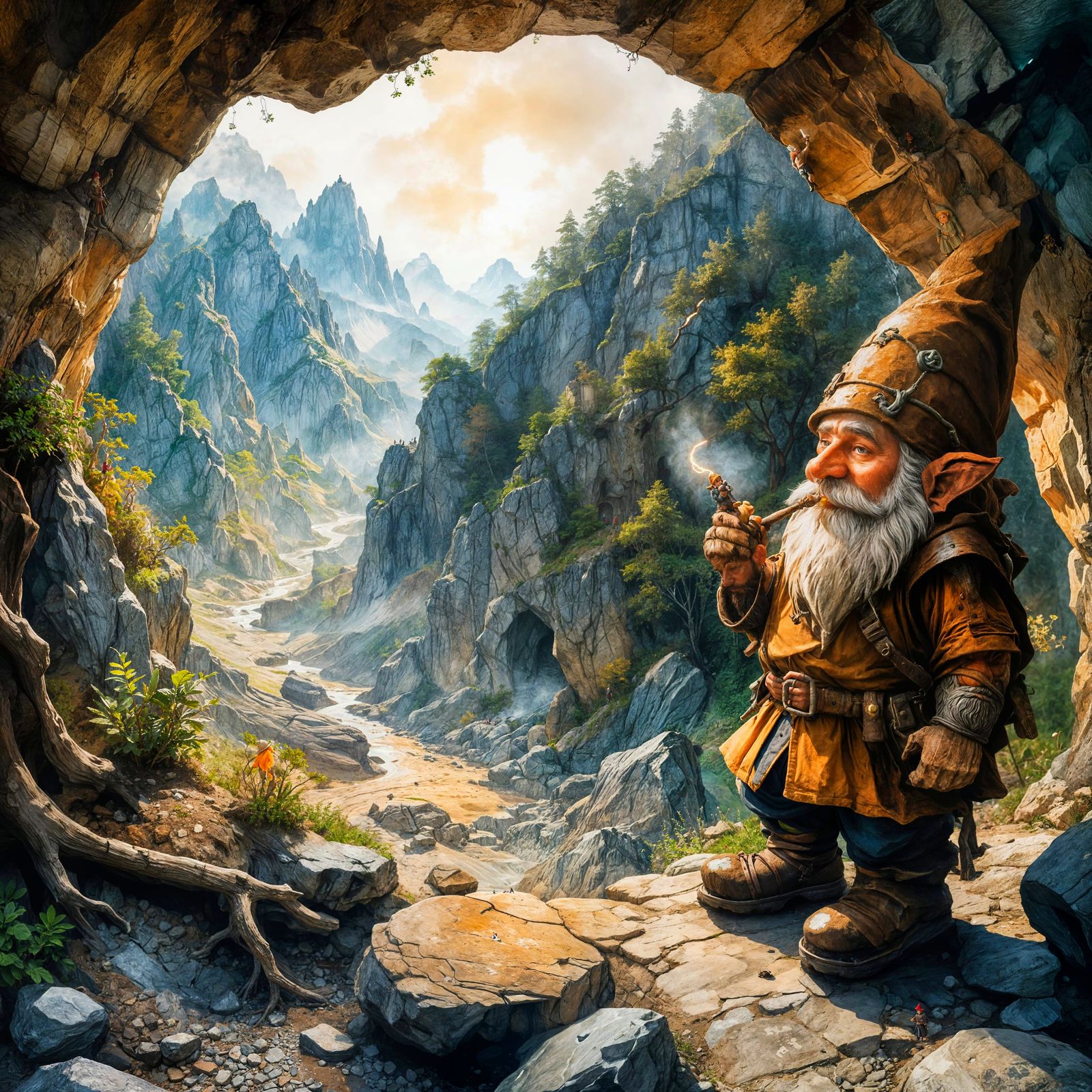 Gnome Observes Valley from Mountain Cave