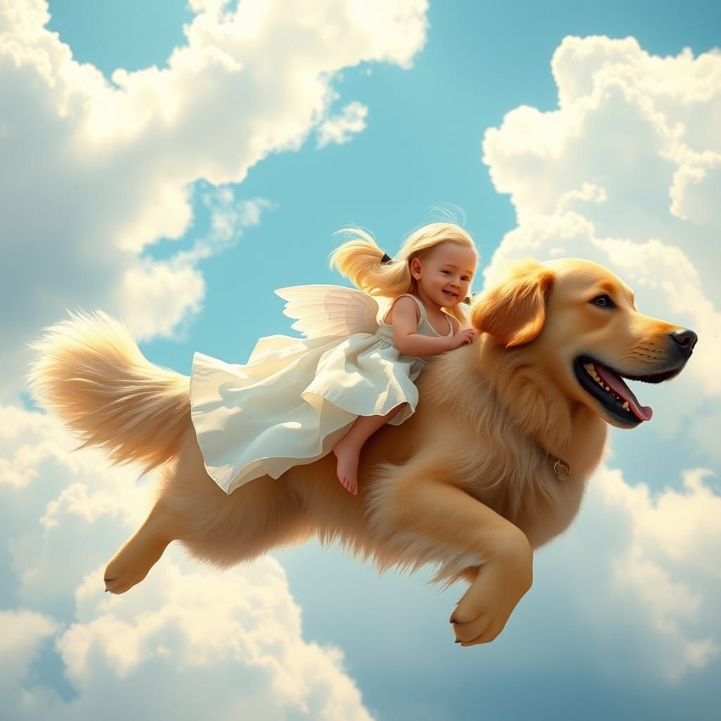 Majestic Girl and Dog Soar Through Dreamy Skies