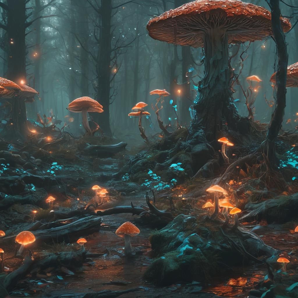 Mystical Forest with Glowing Crystal Formation