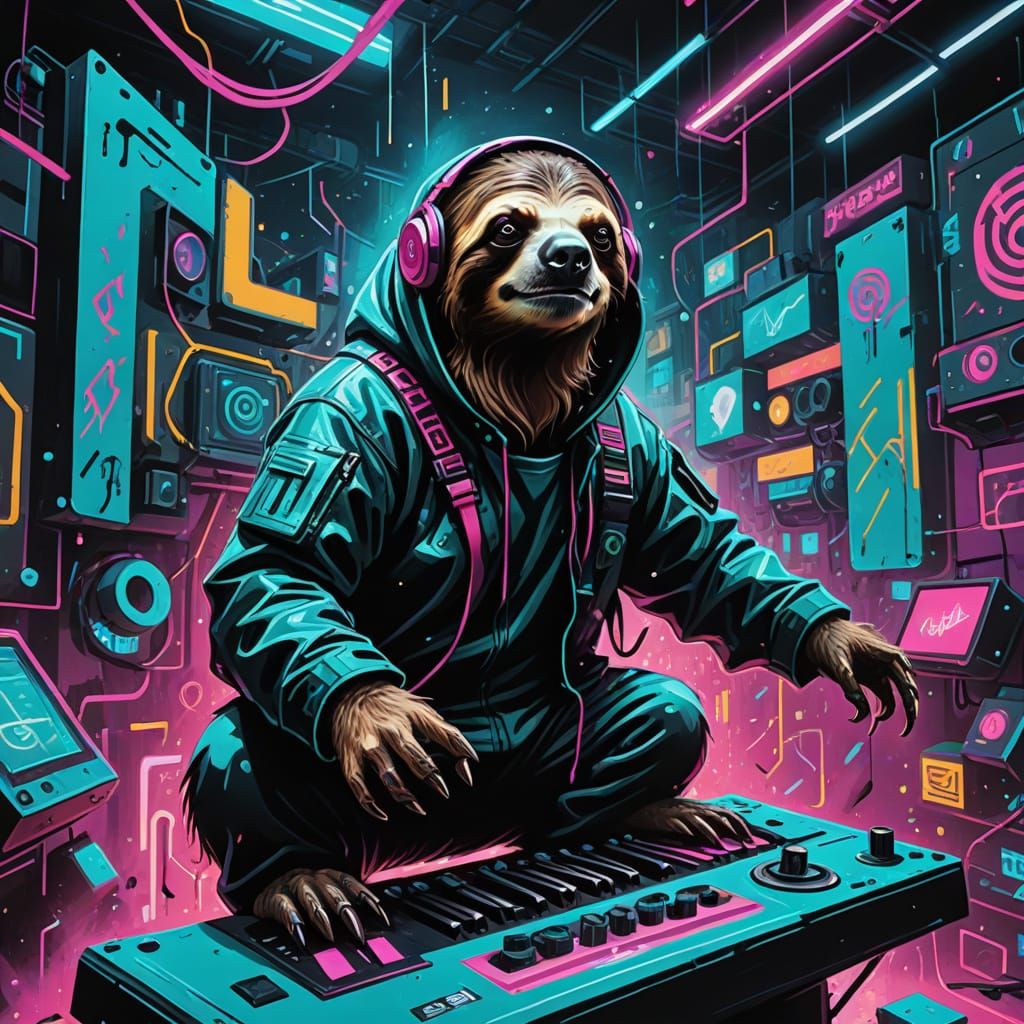 Futuristic Sloth Rock Band on Neon Stage
