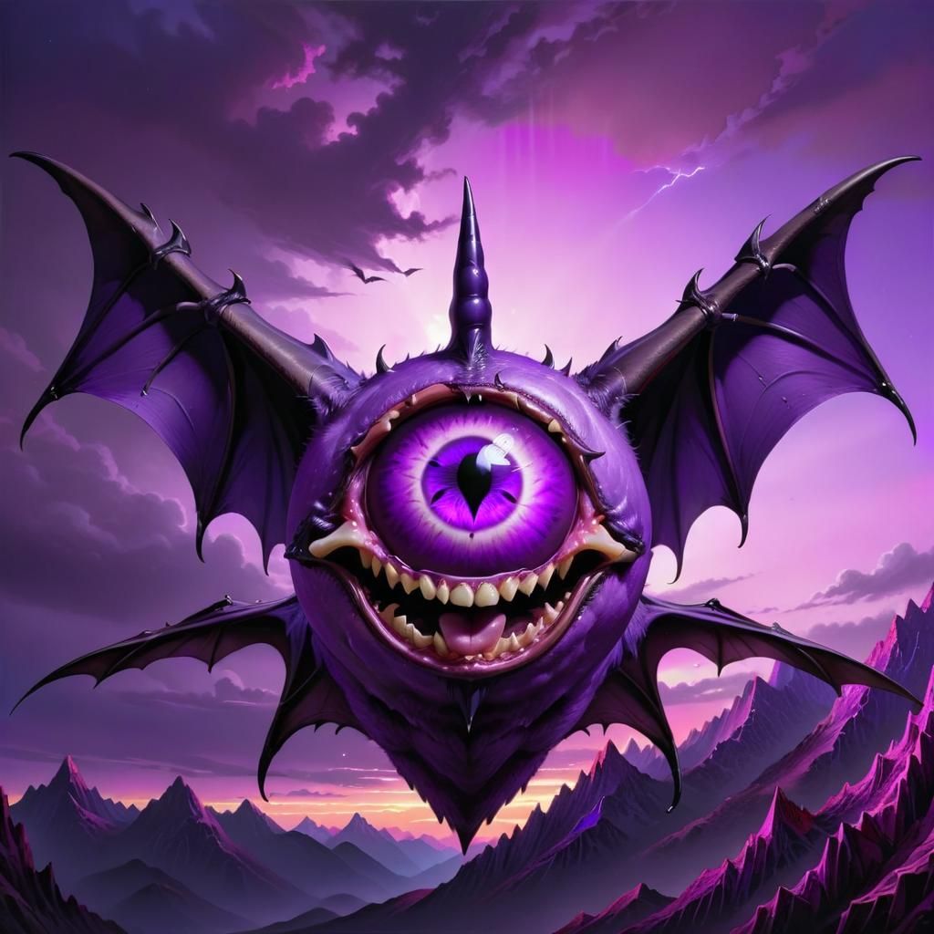 Hyperrealistic Purple One-Eyed One-Horned Winged Creature