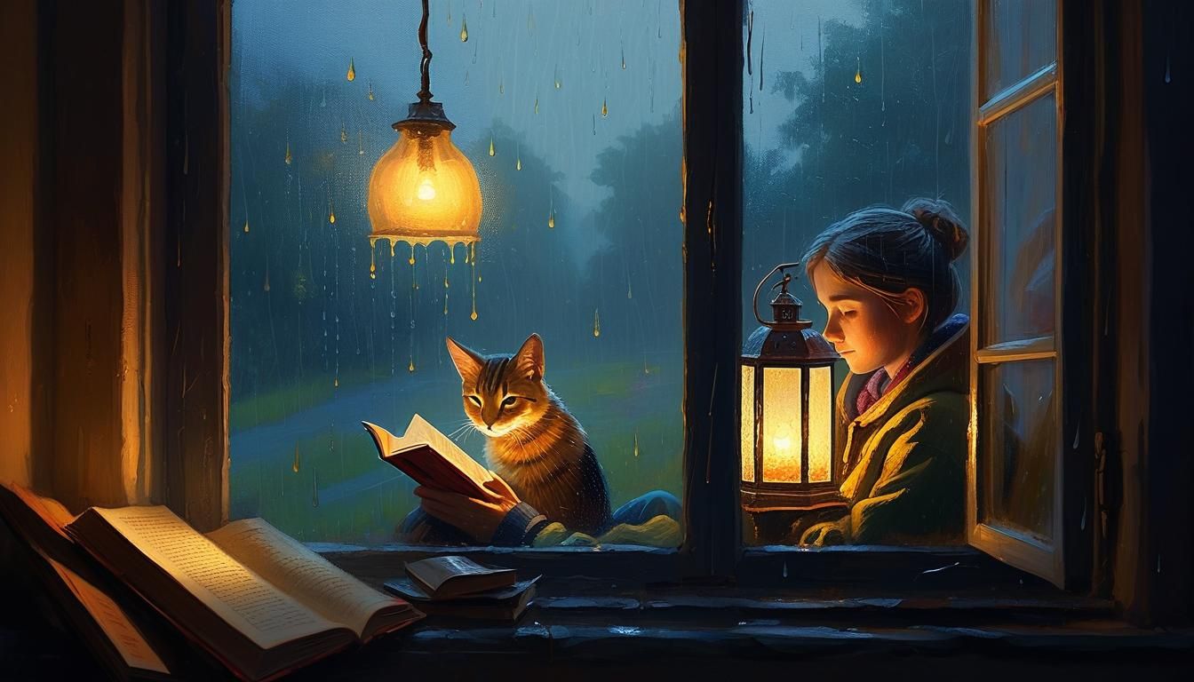 Cozy Rainy Night Scene with Reader and Pet