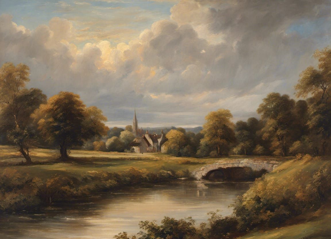 Idyllic English Landscape Painting in Golden Hour Light