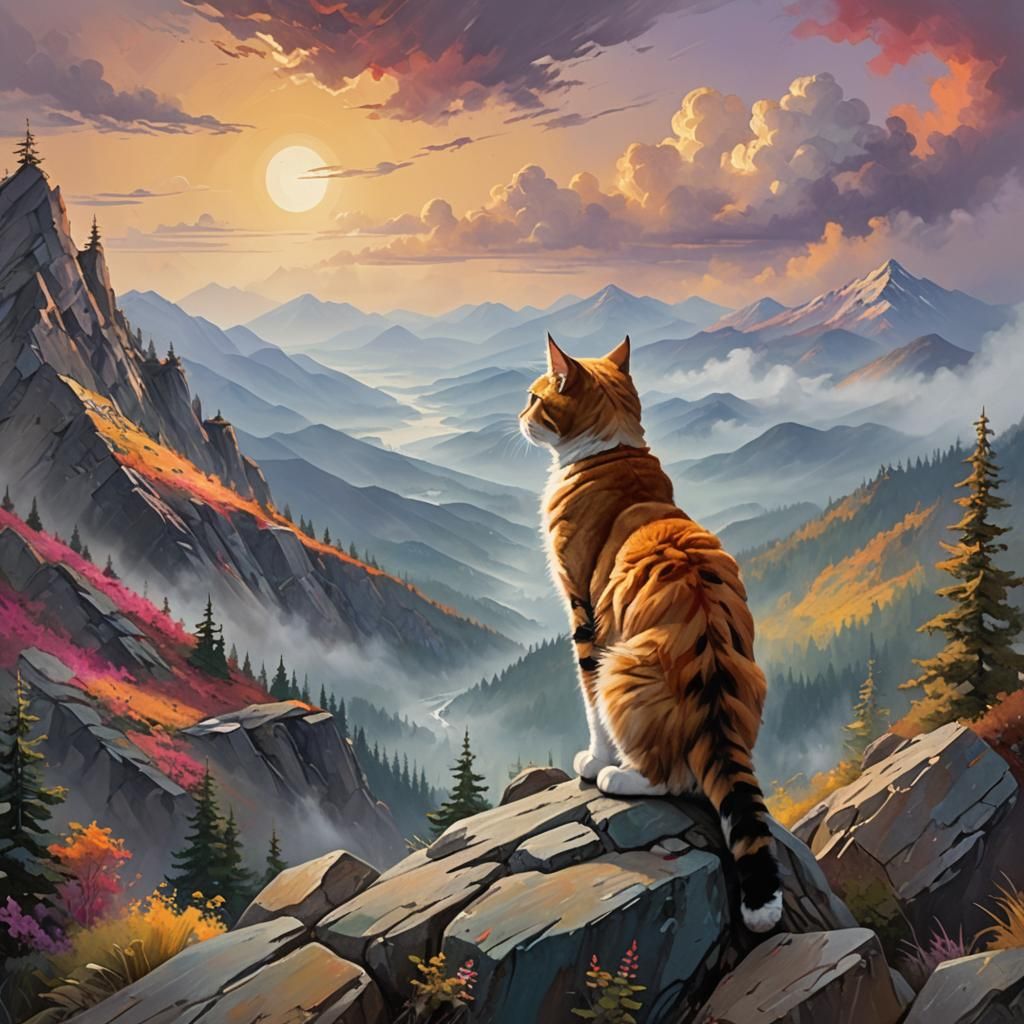 Cat on Mountain Peak in Oil Painting Style