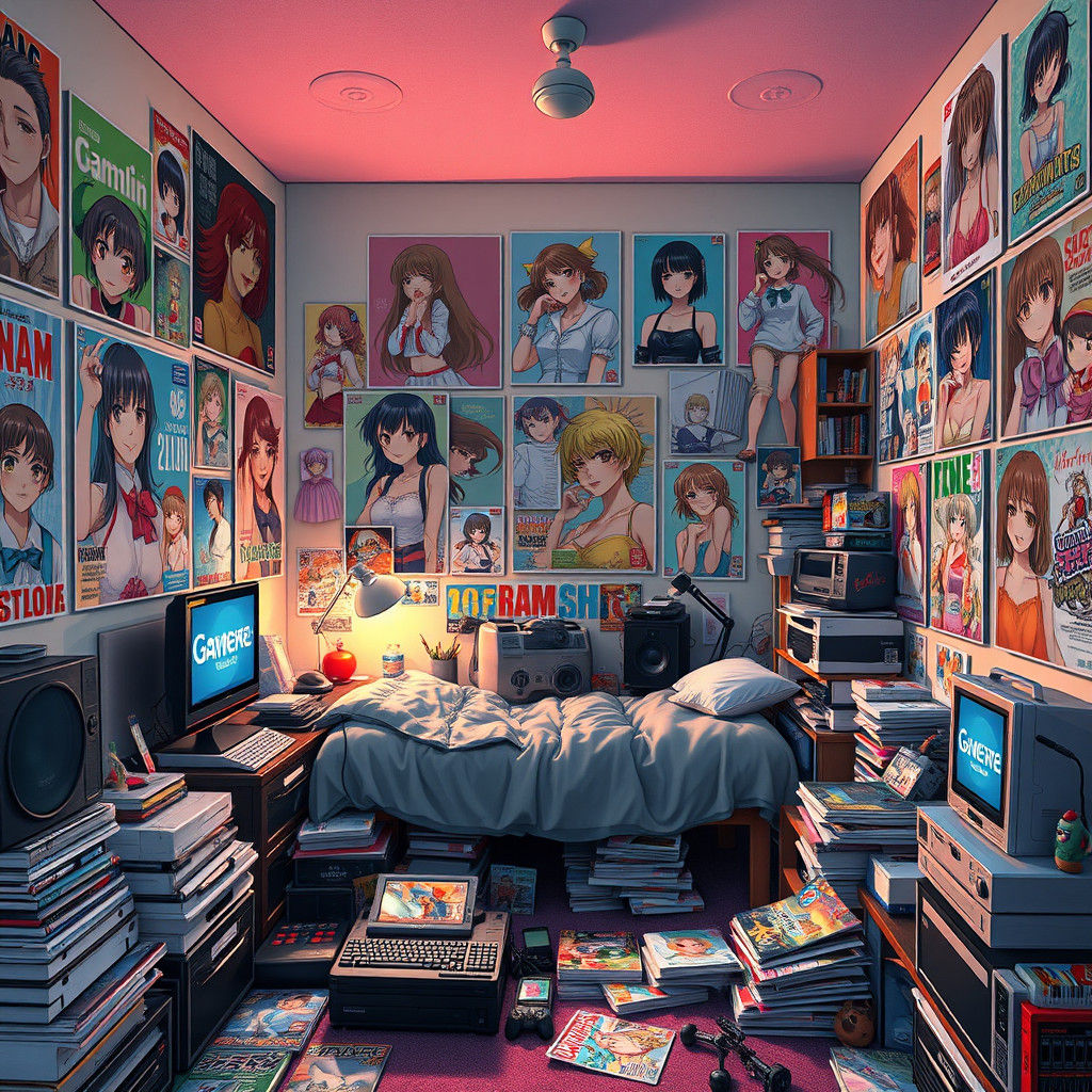 A 90s Gamer anime male bedroom with anime woman posters