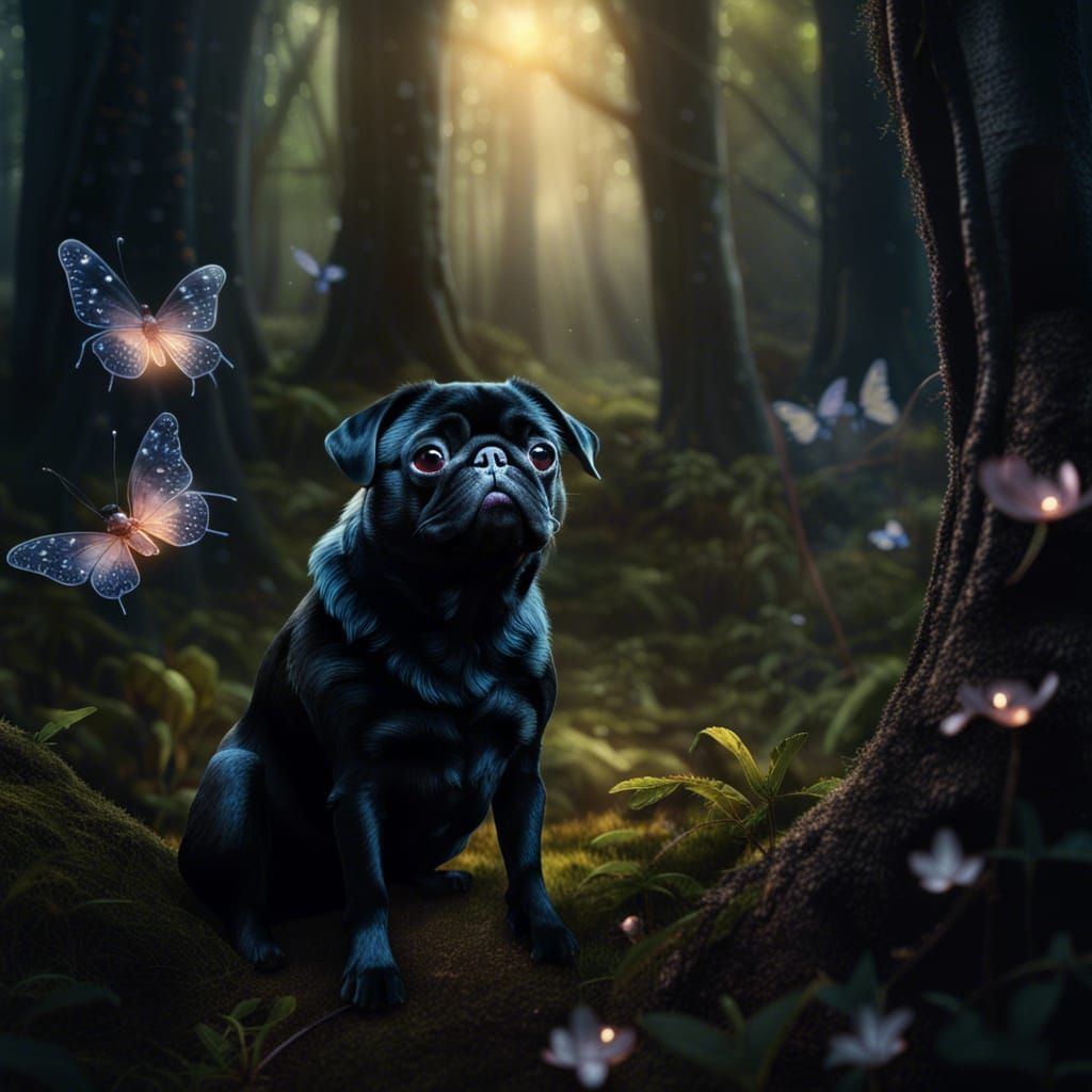 Black Pug and Fairies in Enchanted Forest