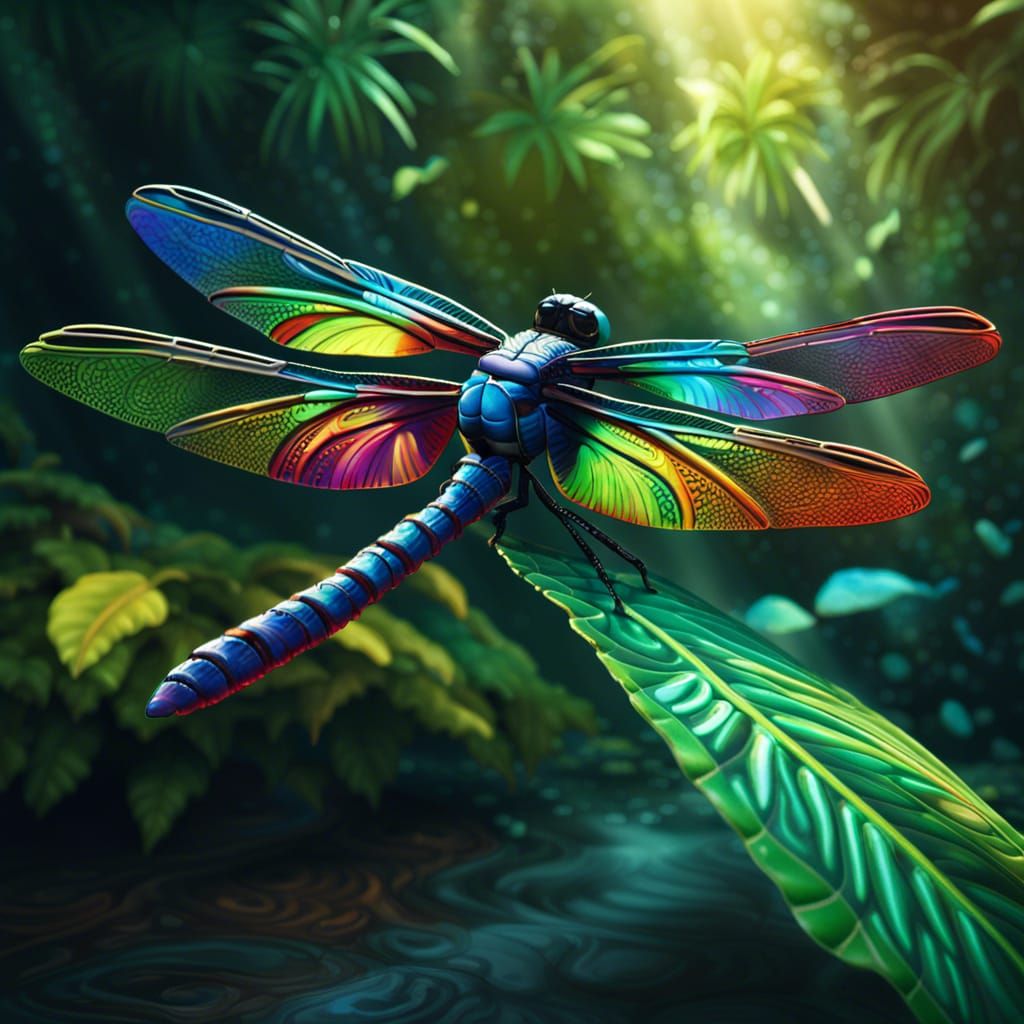 Psychedelic Dragonfly in Lush Prehistoric Jungle