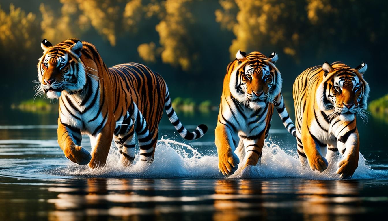 Tigers in Lake: Hyperrealistic Cinematic Photography