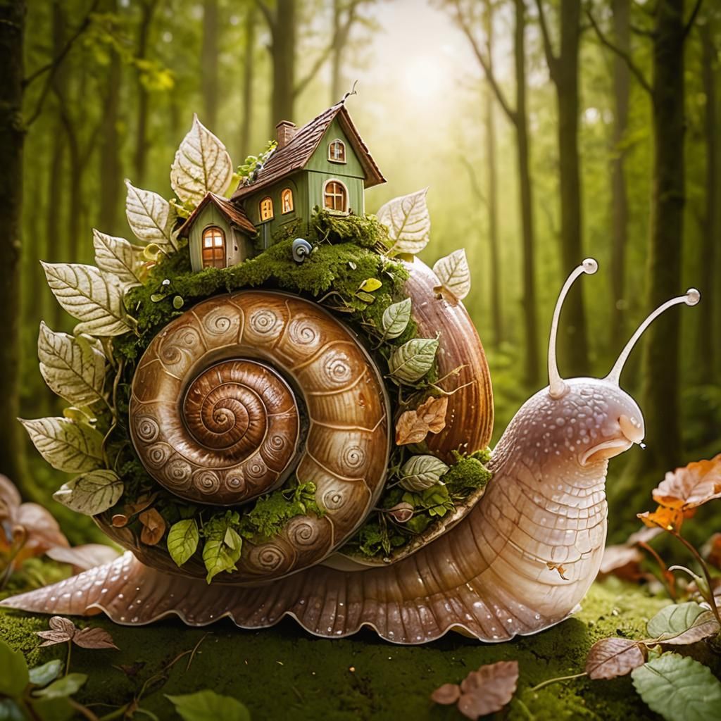 Snail with Leafy House in Green Forest