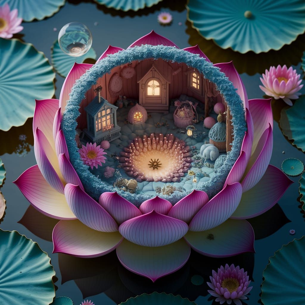 Whimsical Lotus World in Hyper-Realistic Miniature