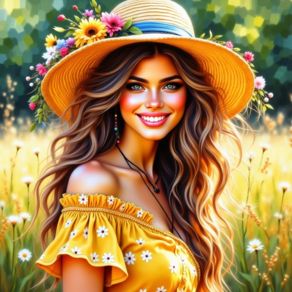 Vibrant Portrait of a Smiling Woman in a Yellow Sundress