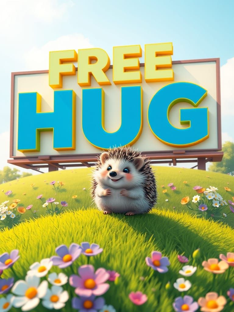 Cheerful Hedgehog Advertises FREE HUG in Vibrant Style