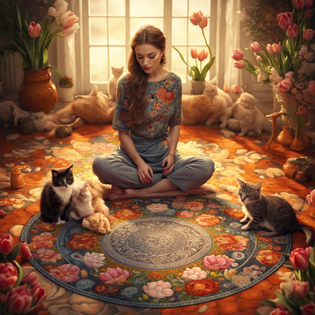 Woman Creating Floor Mosaic with Kitten on Head, Whimsical D...