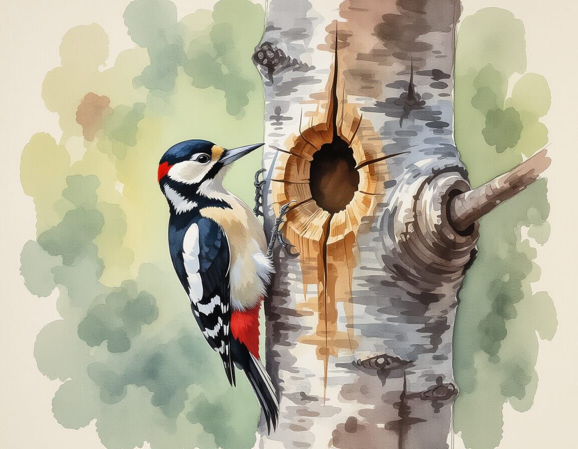 Woodpecker on Oak Tree in Watercolor Style