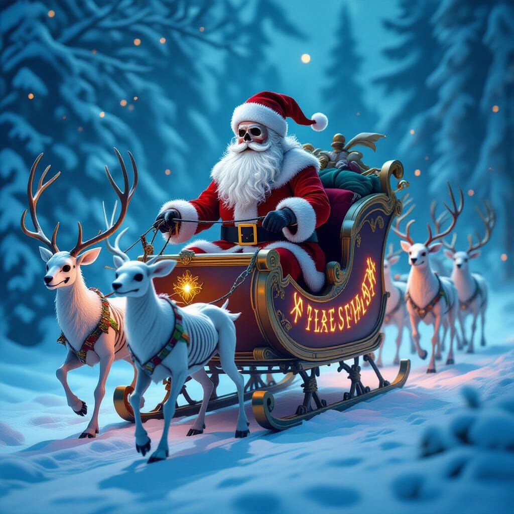 Skeletal Santa Leads Ghostly Reindeer in Eerie Sleigh Ride