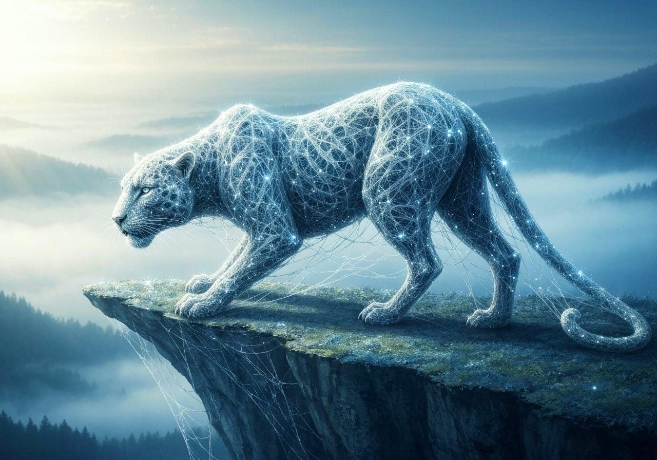 Majestic Panther Made of Spiderwebs in Misty Valley