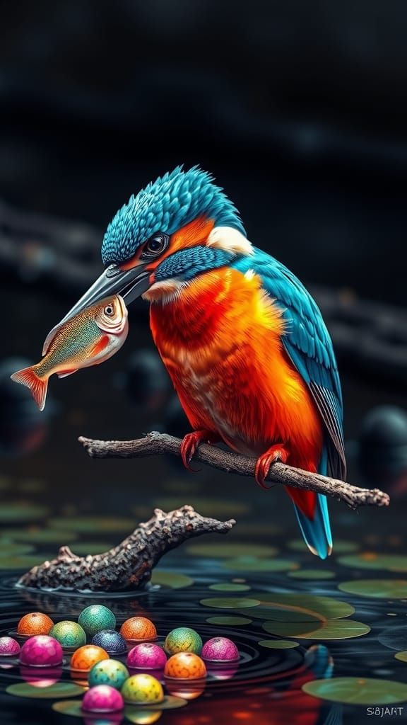 Kingfisher with Fish in Pointillist Digital Painting