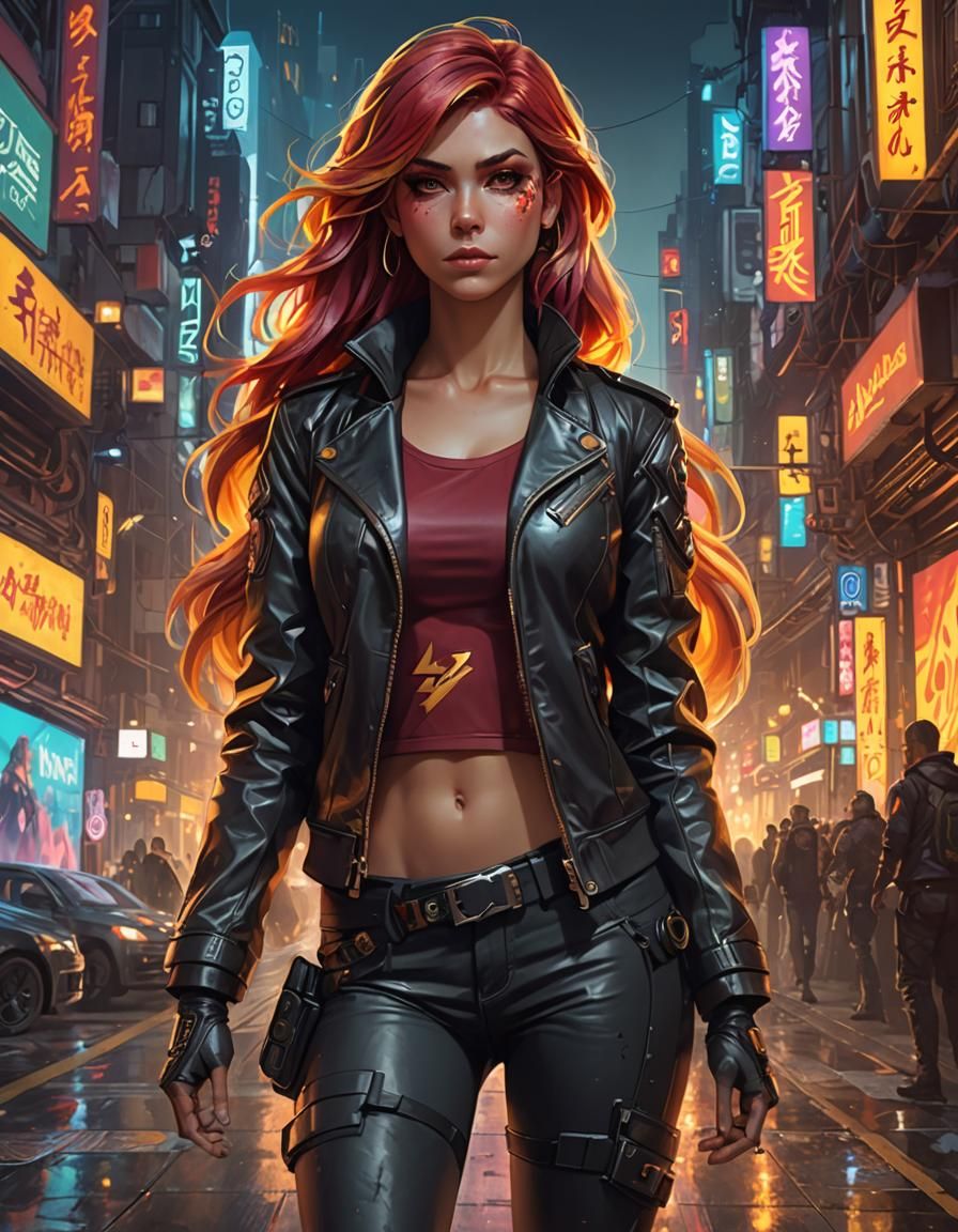 Cyberpunk Portrait of Woman in Leather Jacket