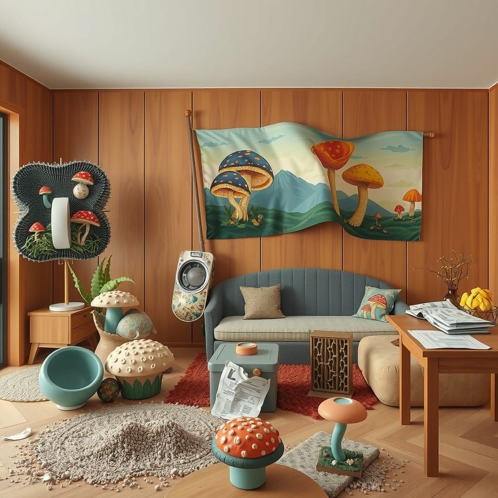 Whimsical Mushroom Landscape in Vibrant Hyperreal Style