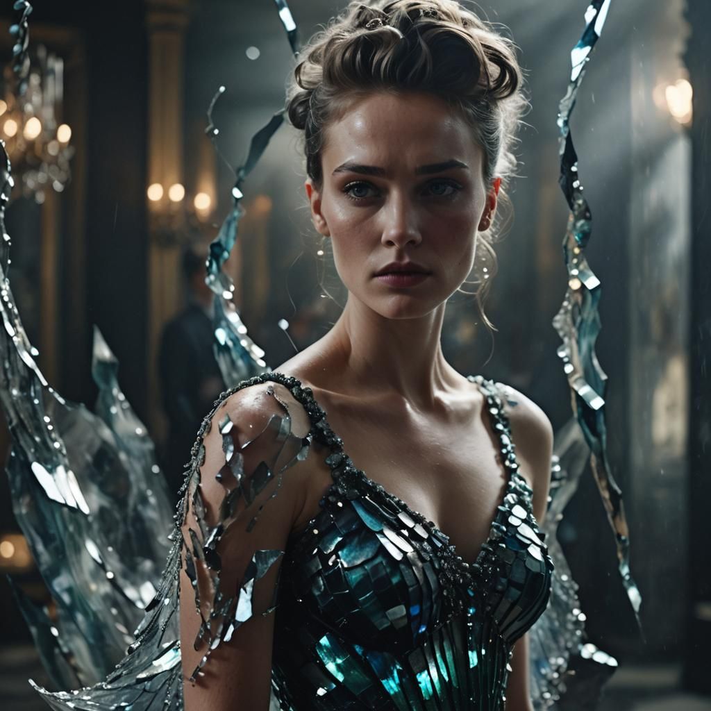 Woman in Mermaid Dress with Crystal Reflections