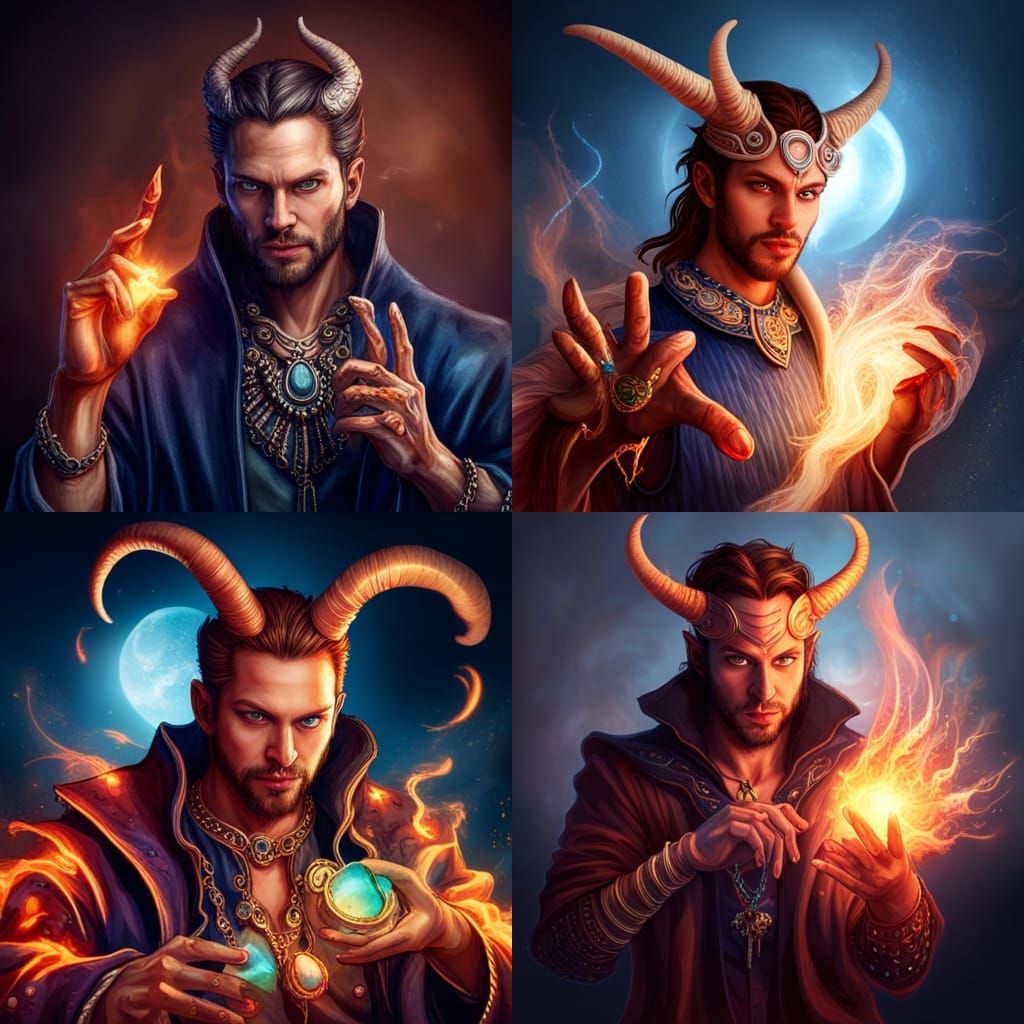 Tiefling Wizard Conjuring Fire in Cyberpunk Style