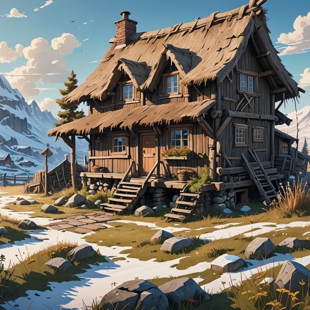 Wooden Cottage on Chicken Feet in Tundra