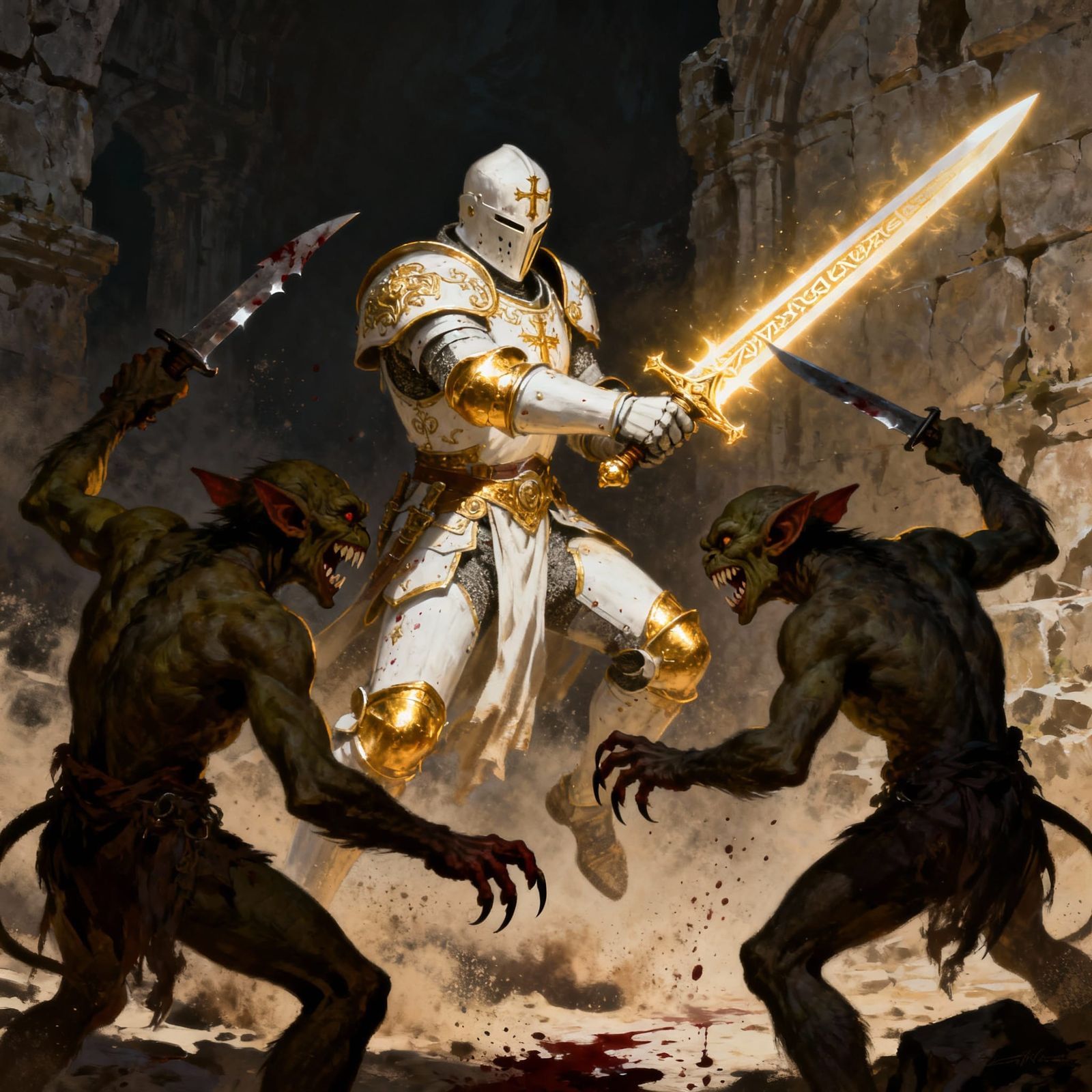 Paladin Fights Goblins in Dramatic, Realistic Style