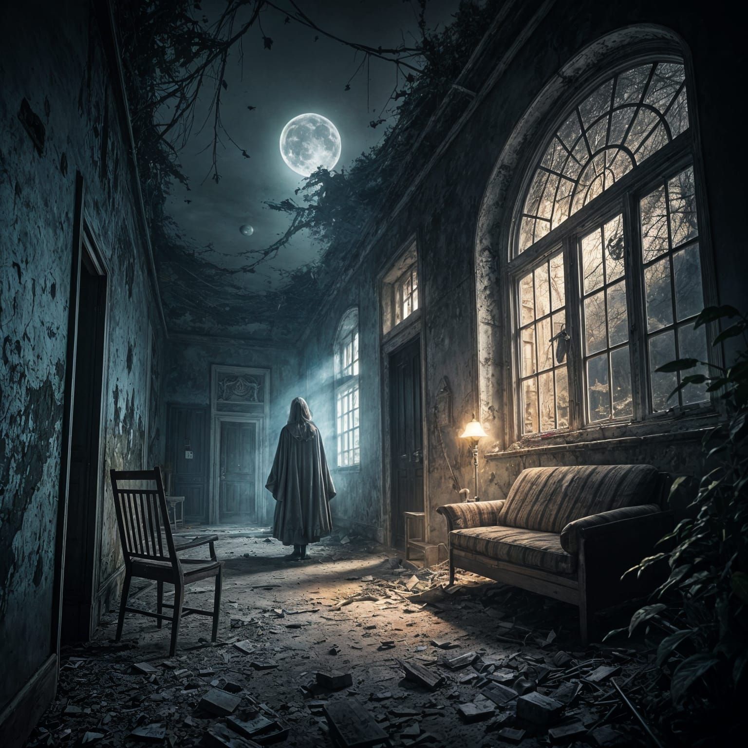 Spooky Abandoned Orphanage Scene with Ghostly Figure