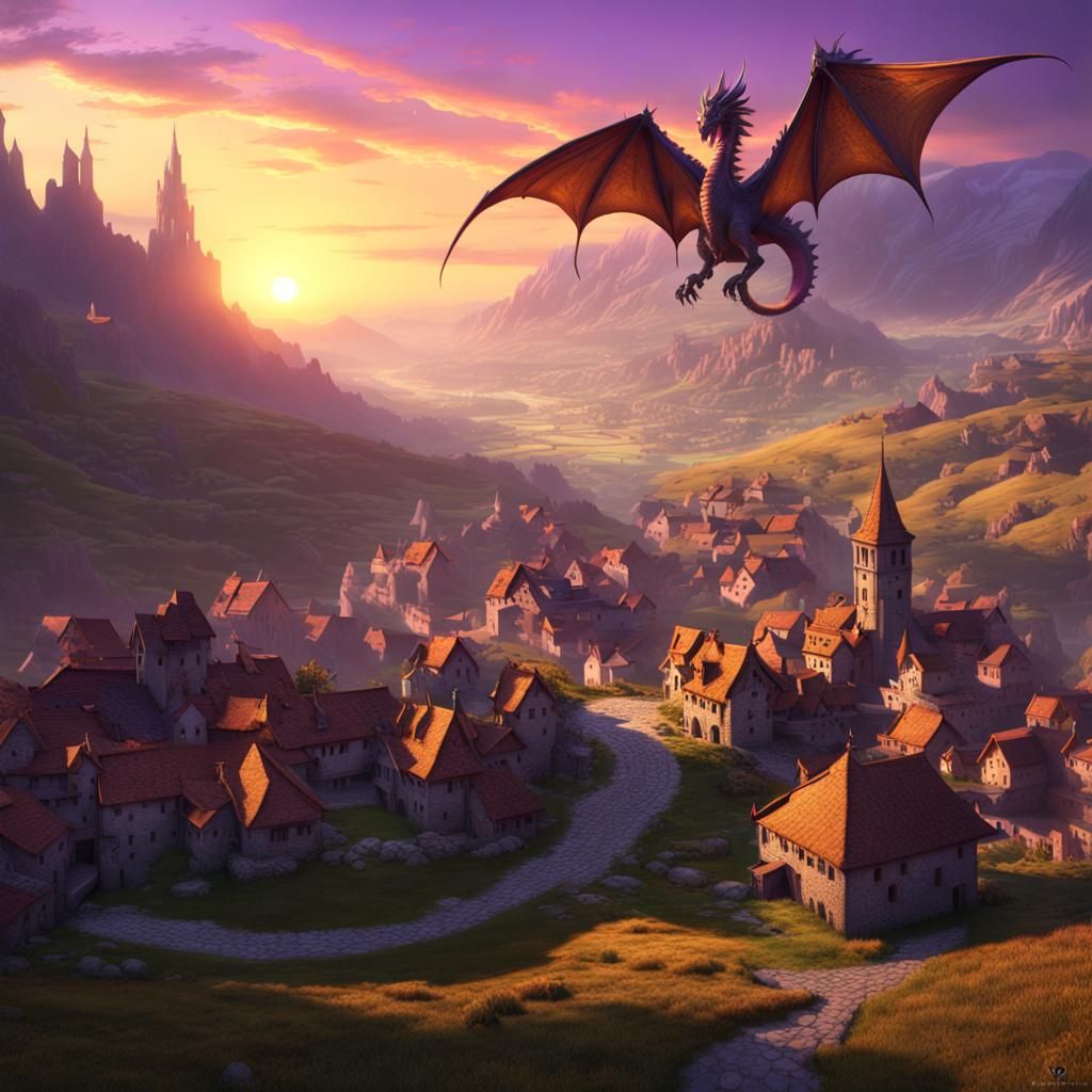 Dragon Overlooking Valley Village in Dark Fantasy Style